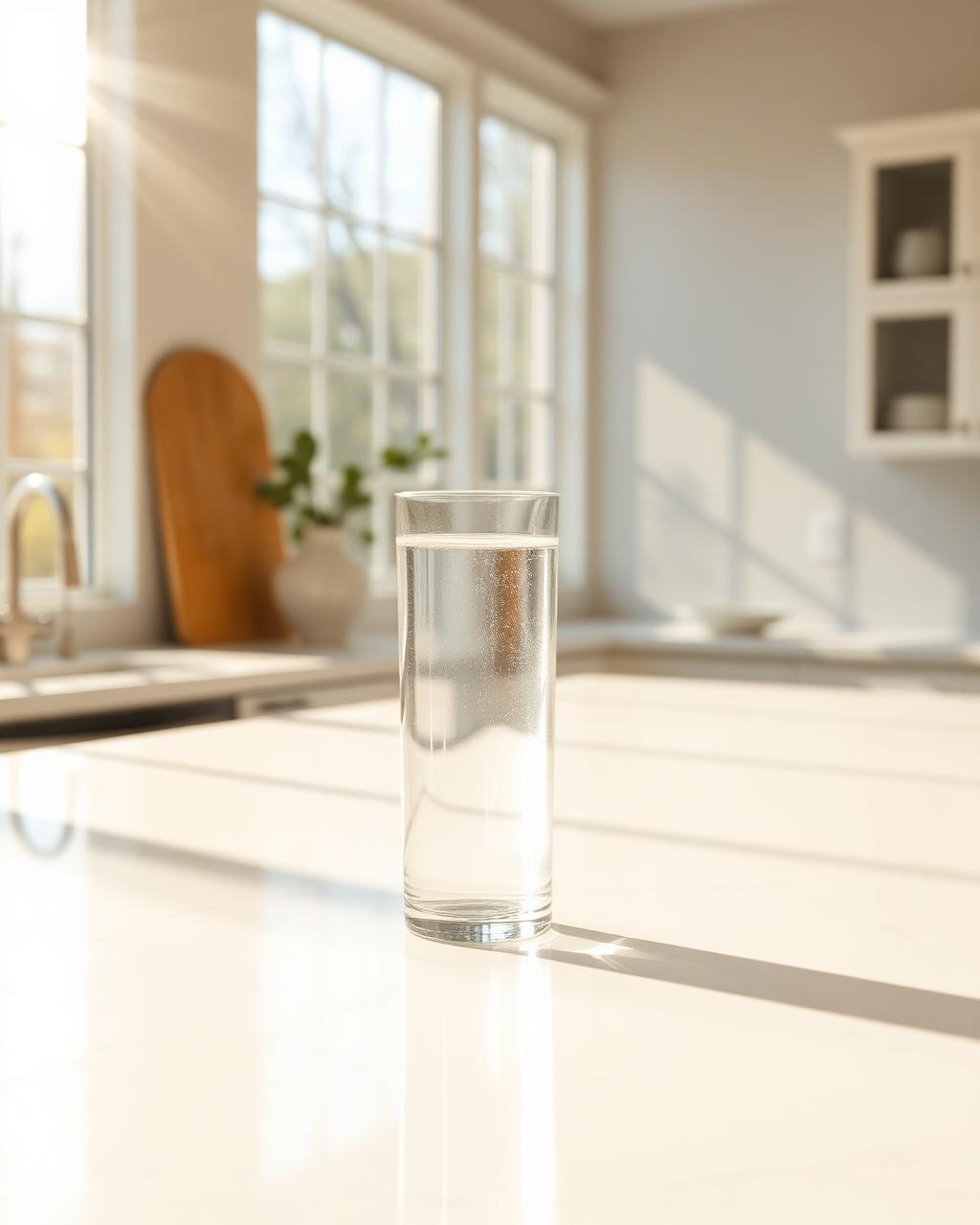 Sun-drenched Arkansas kitchen with a glass of pure water